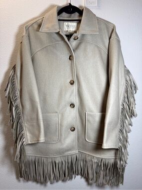 NWT TWRHLL Christie Brinkley Fringe Shacket Jacket Coat Tan Beige Petite MP New